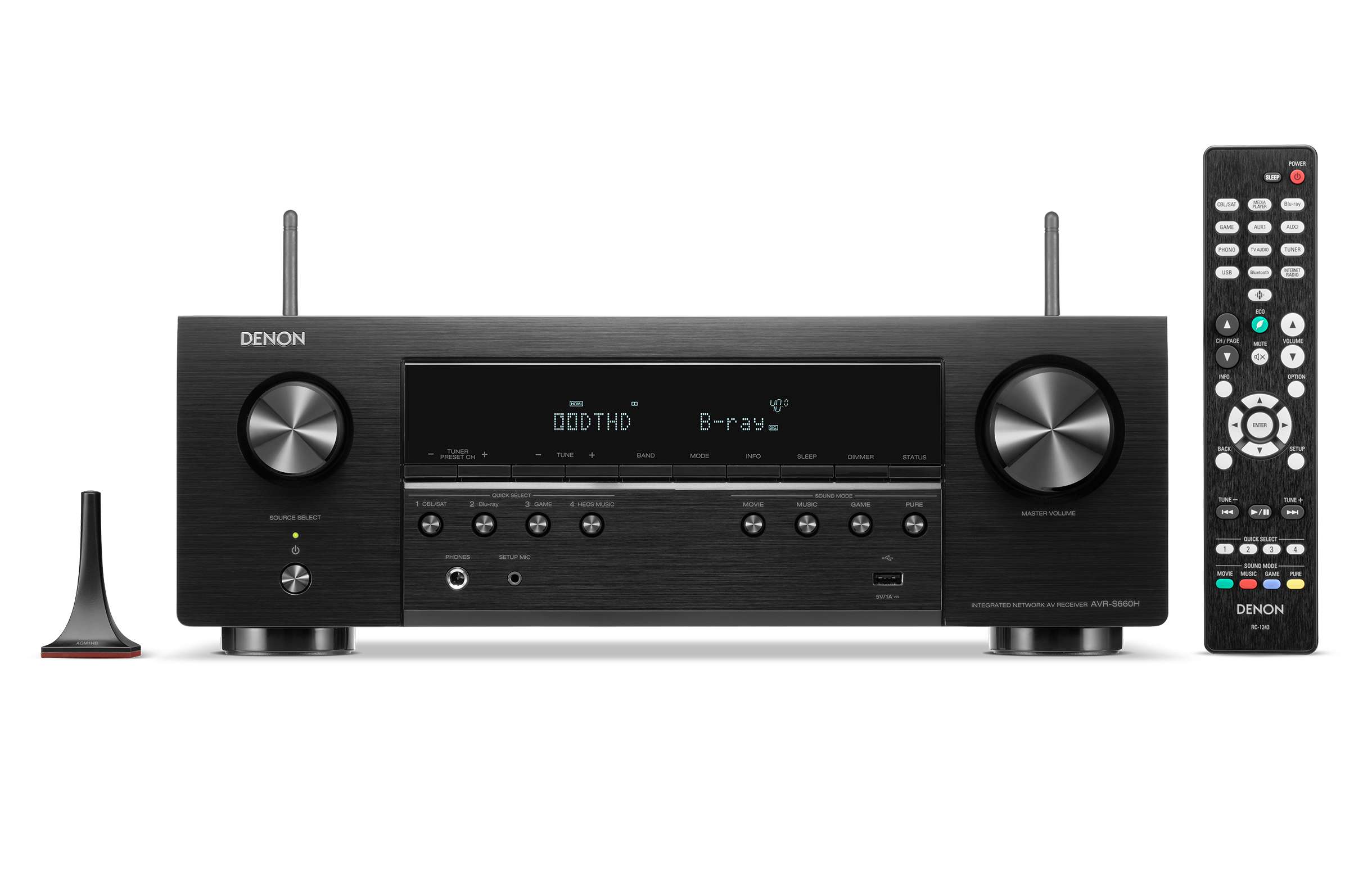 Denon Avr-S660H Denon avr-s660h integrated network av receiver with two large brushed metal dials, central digital display, and remote