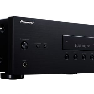 Pioneer Bluetooth stereo receiver with black brushed front, large right-side volume knob and display.