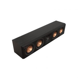 Klipsch soundbar with multiple copper drivers in a long black wood-textured cabinet.