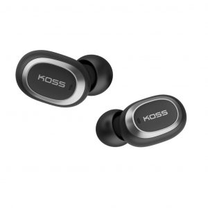 KOSS wireless in-ear earbuds with black and silver oval housings and logo on outer surface