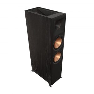 Tall black floor-standing speaker with copper-colored woofer cones and a small tweeter on the front panel.