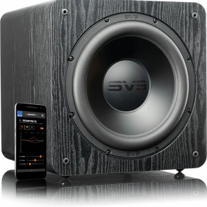 SVS subwoofer with woodgrain cabinet and a mobile app displaying parametric EQ.