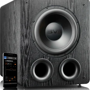 SVS subwoofer with dark wood veneer, large front driver, dual front ports, and a smartphone displaying the SVS app
