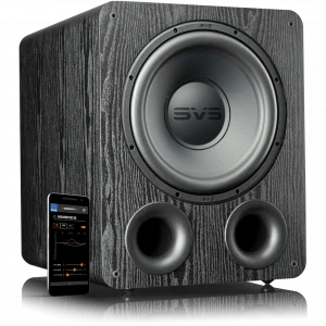Interdyn Svs subwoofer with a large front driver, wood-grain cabinet, and dual circular bass ports beside a smartphone displaying eq app.