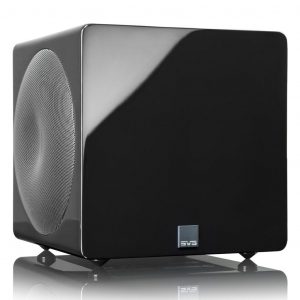 Interdyn Svs black subwoofer with glossy front panel and left-side circular grille-covered driver on small feet.