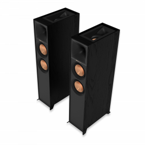 Klipsch Reference series floorstanding speakers with copper drivers in black wood veneer.