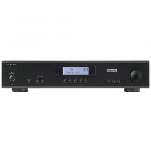 Interdyn Rotel tribute stereo integrated amplifier with brushed black front, lcd display, and multiple control buttons plus a large volume knob