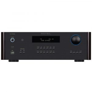 Interdyn Rotel ra-1572mkii integrated stereo amplifier front panel with blue-ring volume knob and display.