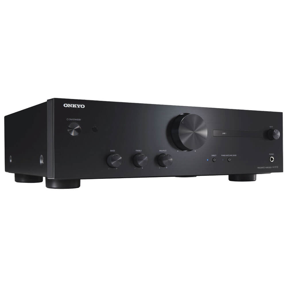 Onkyo A-9110 Stereo Amplifier Onkyo integrated stereo amplifier a-110 front panel with large volume knob and bass, treble, balance controls