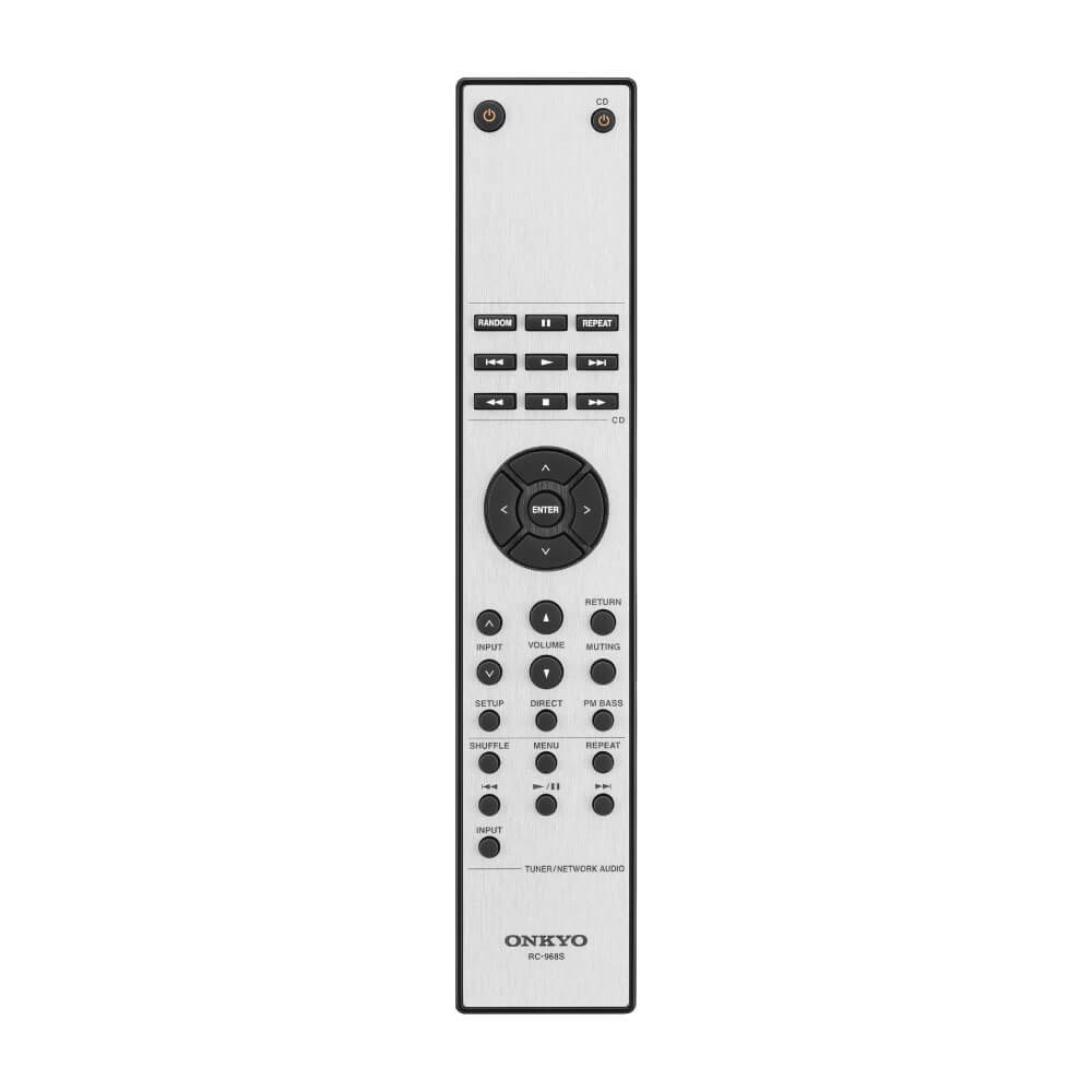 Onkyo A-9110 Stereo Amplifier Onkyo rc-968s remote control with brushed metal finish, circular navigation pad and multiple black buttons