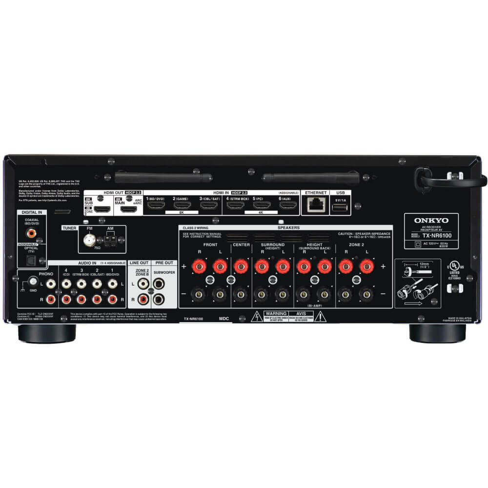 Onkyo Tx-Nr6100 Onkyo tx-nr6100 av receiver rear panel with hdmi, digital/analog inputs, speaker terminals, ethernet and usb connections.