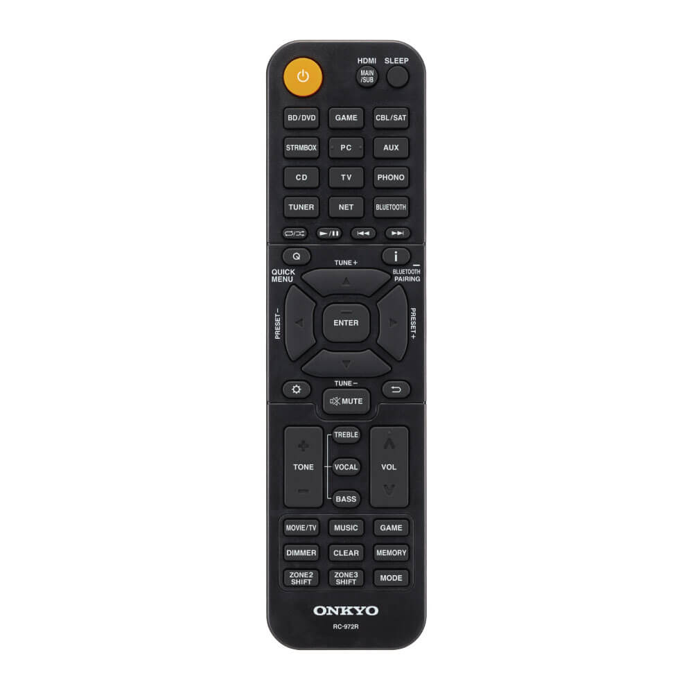 Onkyo Tx-Nr6100 Onkyo rc-972r remote control with orange power button, many labeled function keys, and circular navigation pad.