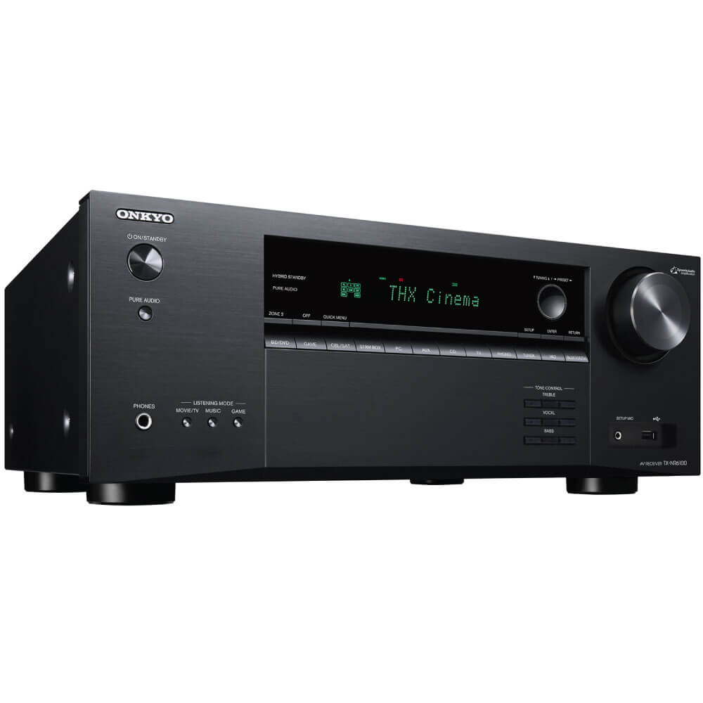 Onkyo Tx-Nr6100 Onkyo av receiver with thx cinema display, brushed metal front, large right-side volume knob, row of push buttons.