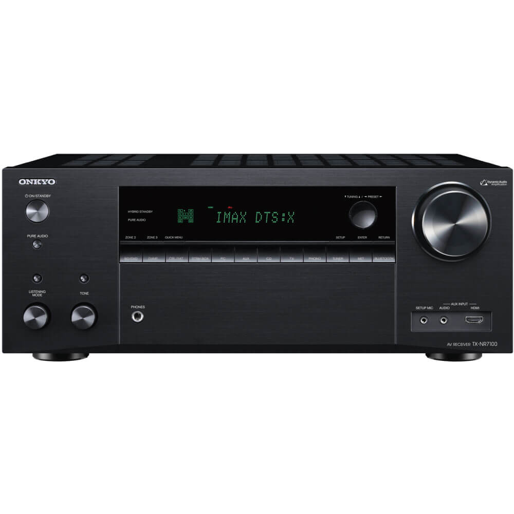 Onkyo Tx-Nr7100 Av Receiver Onkyo av receiver tx-nr7100 with large right-hand volume knob, black brushed-metal front panel, display showing imax dts:x.
