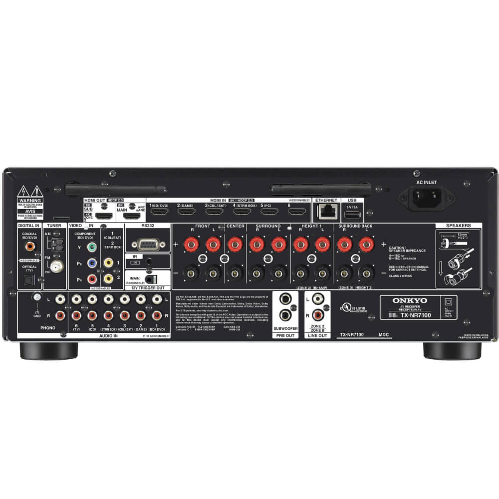 Onkyo Tx-Nr7100 Av Receiver Onkyo tx-nr7100 av receiver back panel with hdmi, ethernet, usb ports and red/black speaker terminals.