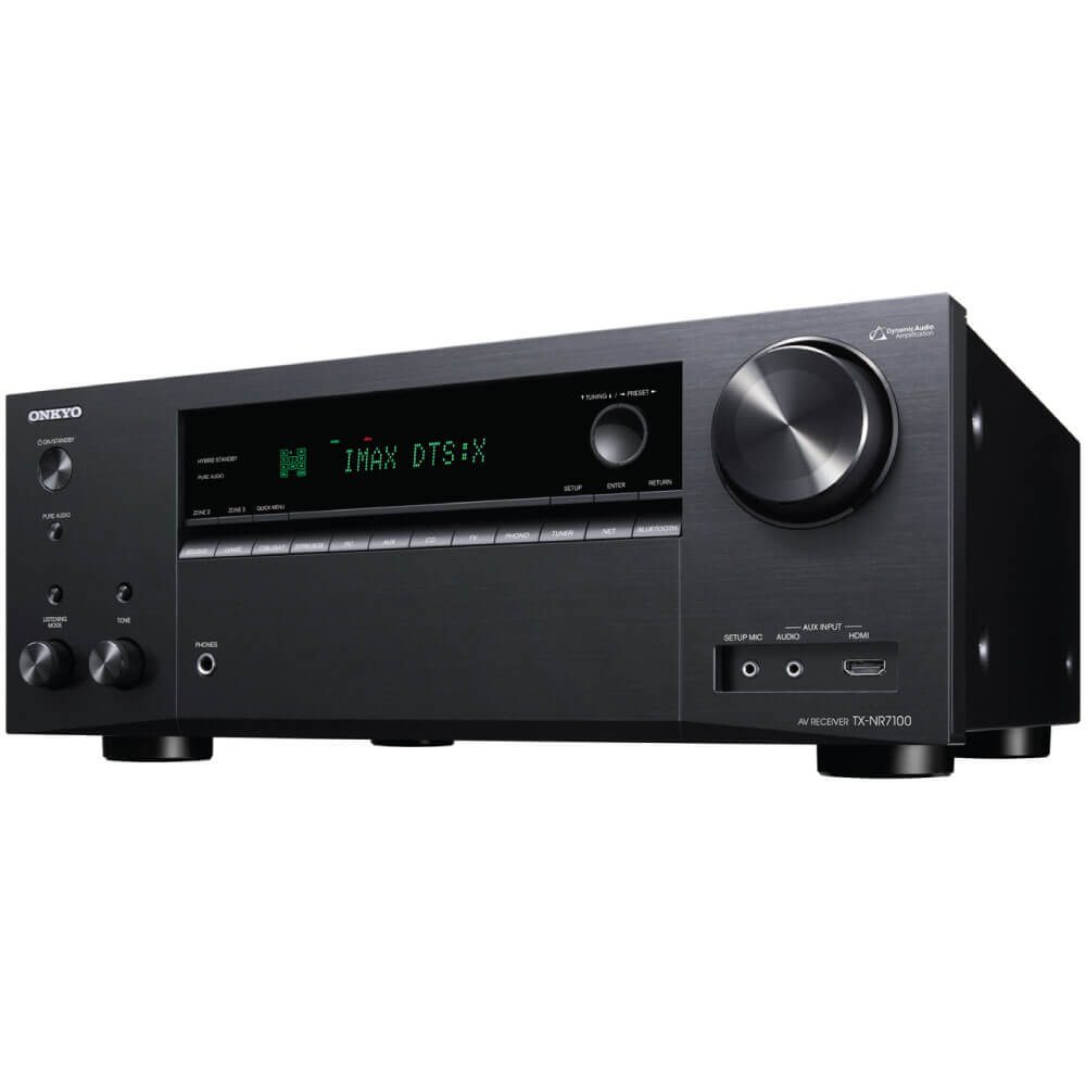 Onkyo Tx-Nr7100 Av Receiver Onkyo tx-nr7100 av receiver with brushed metal front, large volume knob, green display, and multiple input ports.