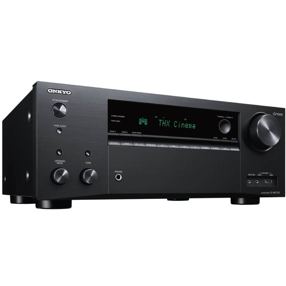 Onkyo Tx-Nr7100 Av Receiver Onkyo tx-nr7100 av receiver in black brushed metal front, thx cinema display, large right volume knob.