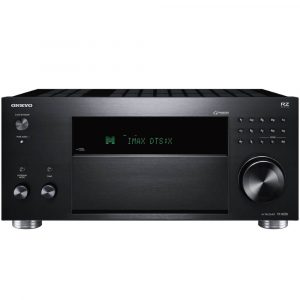 Onkyo TX-RZ50 AV receiver with large right dial, central display showing IMAX DTS:X, brushed black front panel