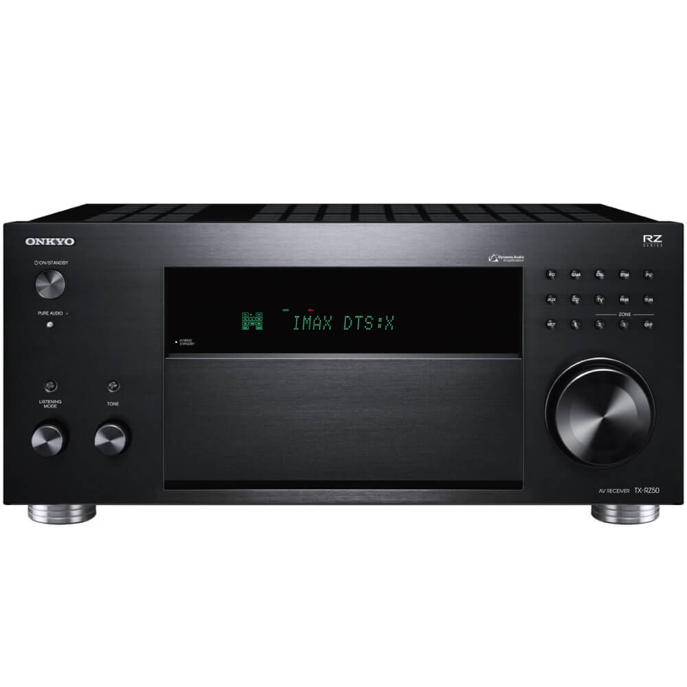 Onkyo Tx-Rz50 Onkyo tx-rz50 av receiver with large right dial, central display showing imax dts:x, brushed black front panel