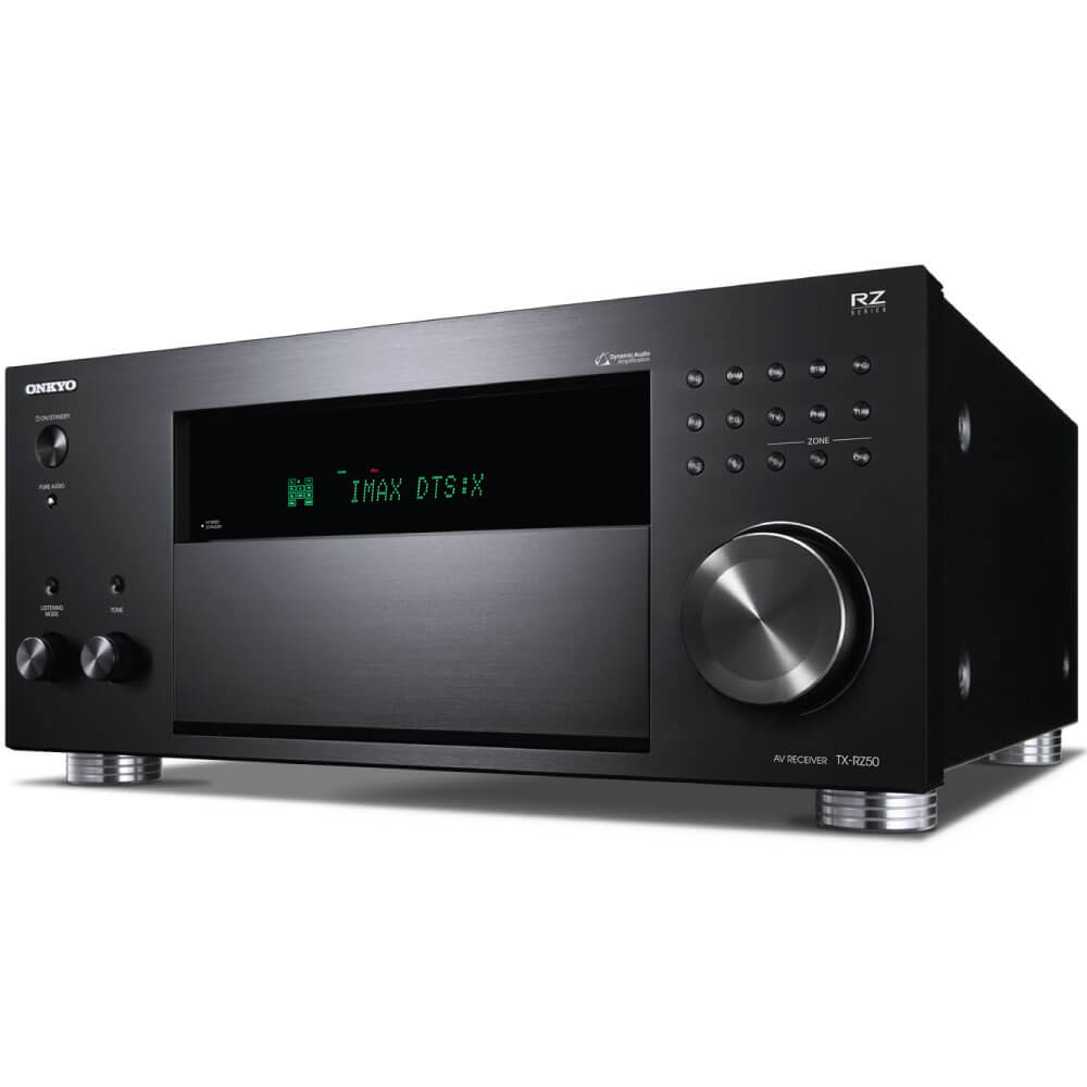 Onkyo Tx-Rz50 Onkyo av receiver tx-rz50 with large silver volume knob, green display, black brushed metal front panel.