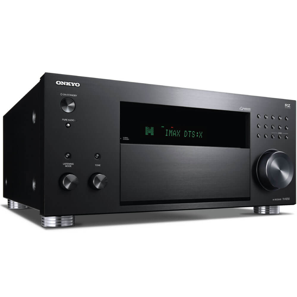 Onkyo Tx-Rz50 Onkyo tx-rz av receiver with green imax dts:x display and large right-volume knob.
