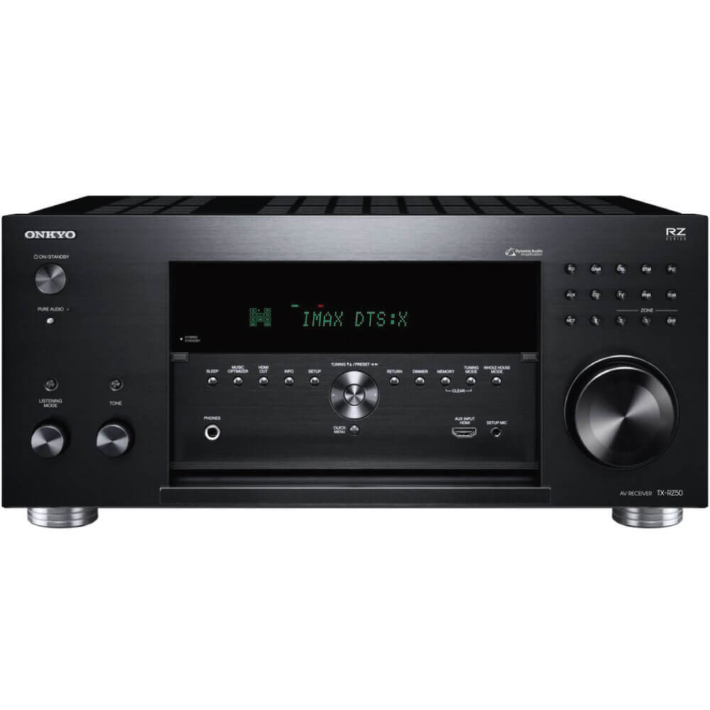 Onkyo Tx-Rz50 Onkyo tx-rz50 av receiver with black brushed metal front, large centered display showing imax dts:x, and knobs