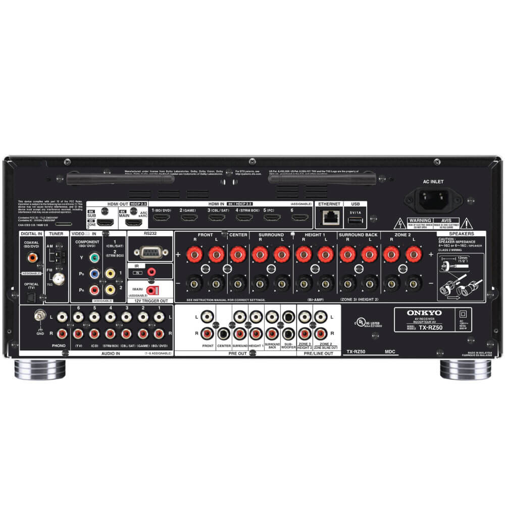 Onkyo Tx-Rz50 Onkyo tx-rz50 av receiver rear panel with multiple rca speaker terminals and hdmi inputs/outputs
