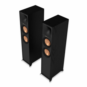 Pair of KEF Reference floorstanding speakers with copper-colored woofer cones in black wood veneer.