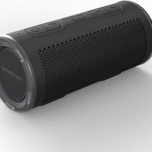 Braven portable Bluetooth speaker, cylindrical black design with perforated grille and translucent end caps.