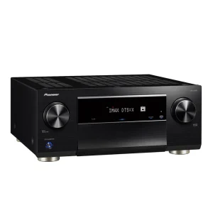 Pioneer AV receiver with black brushed metal front, large control knobs on both sides and a display reading IMAX DTS:X.