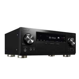 Pioneer AV receiver with Atmos display, brushed metal front, and large left and right volume knobs.