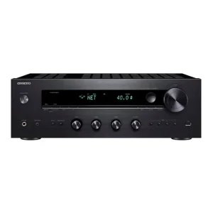 Onkyo network stereo receiver with brushed black front, large right-side volume knob, multiple control dials, and a digital display.