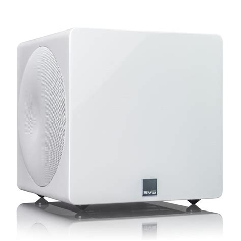 Svs 3000 Micro Subwoofer Svs white cube subwoofer with a circular driver on the left side and a small svs logo on the front.