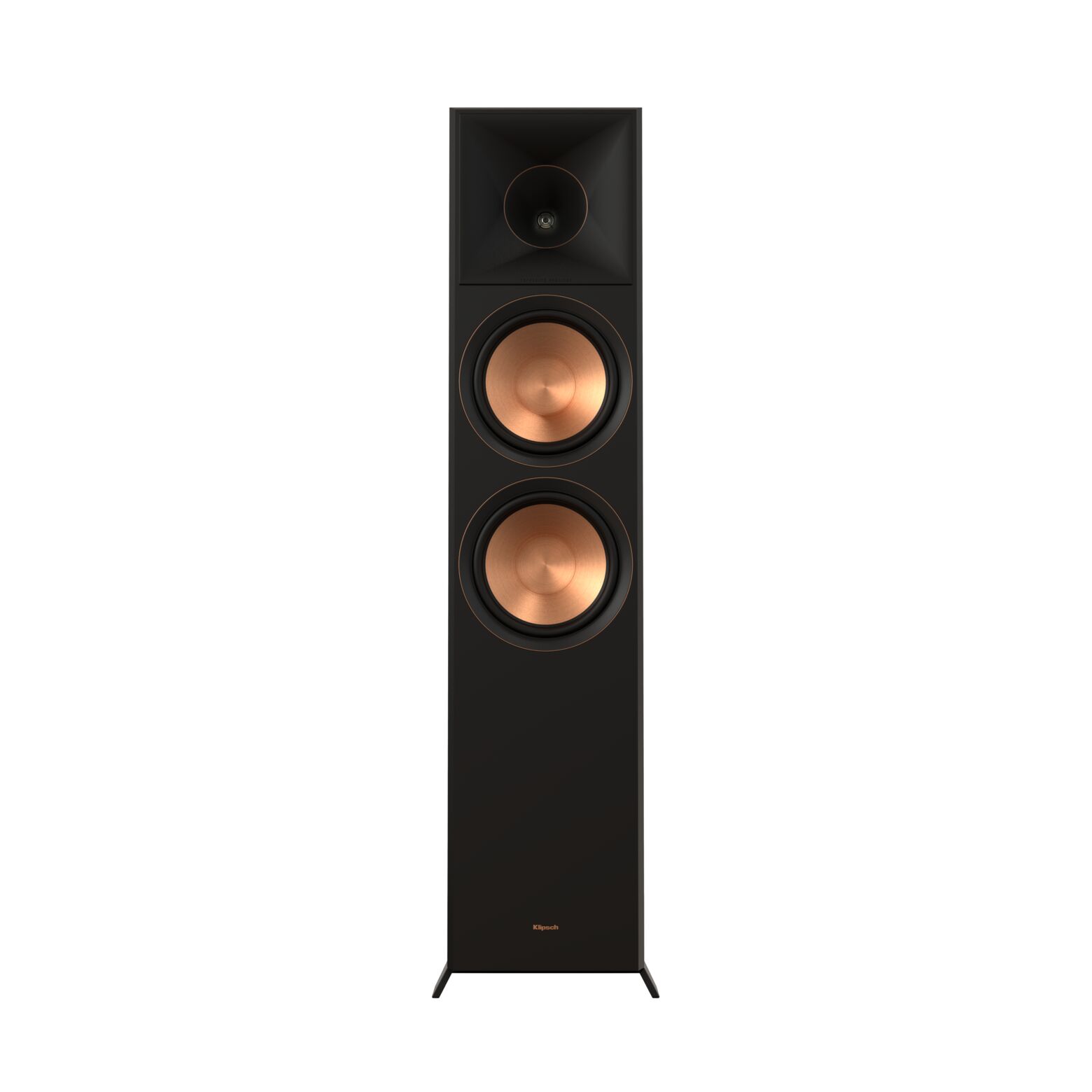Klipsch Rp-8060Fa Ii Dolby Atmos Floorstanding Speakers Klipsch floor-standing speaker with two copper woofer drivers and a horn-loaded tweeter in a black cabinet.