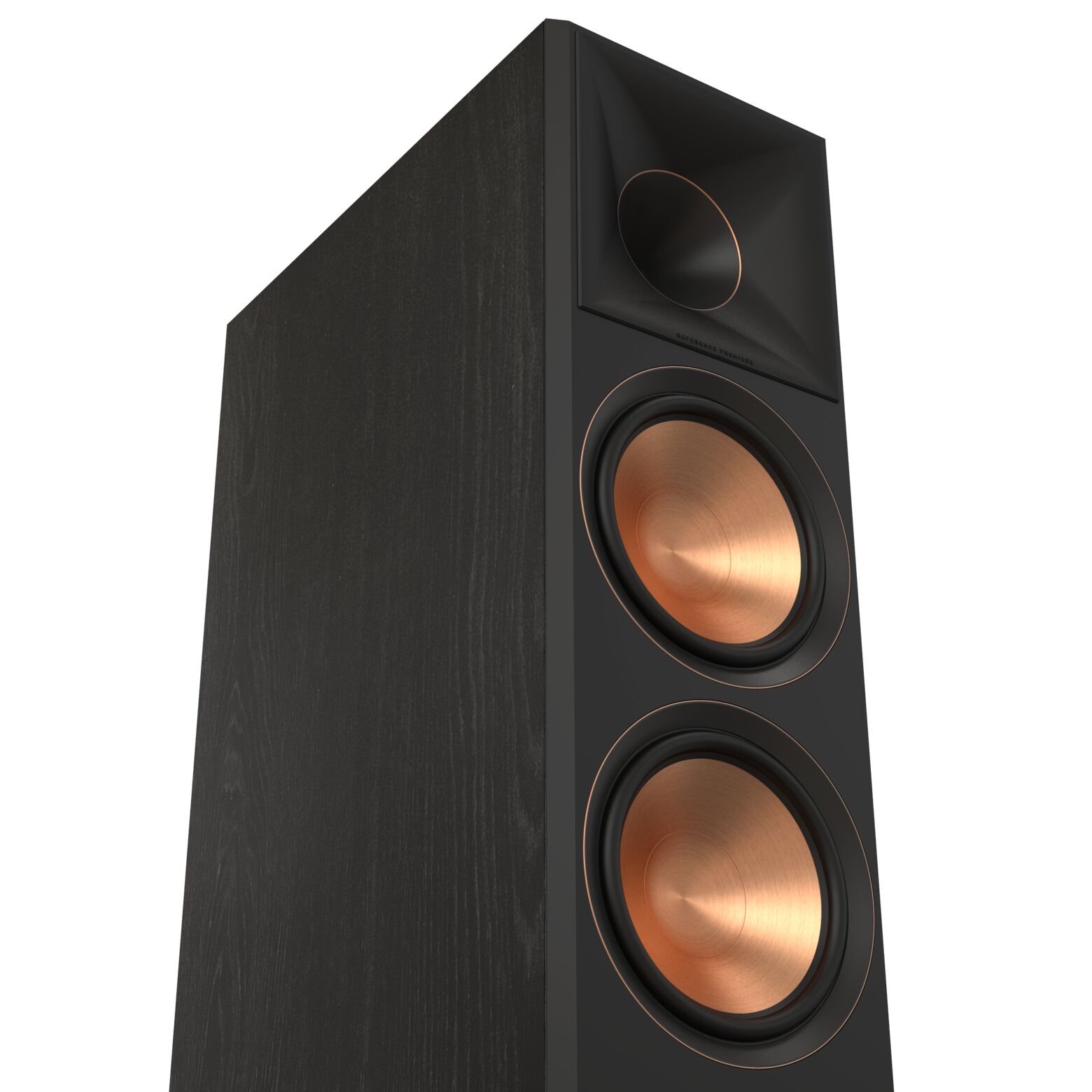 Klipsch Rp-8060Fa Ii Dolby Atmos Floorstanding Speakers Floor-standing black speaker with copper-colored drivers and copper rings, arranged vertically in a tall cabinet.