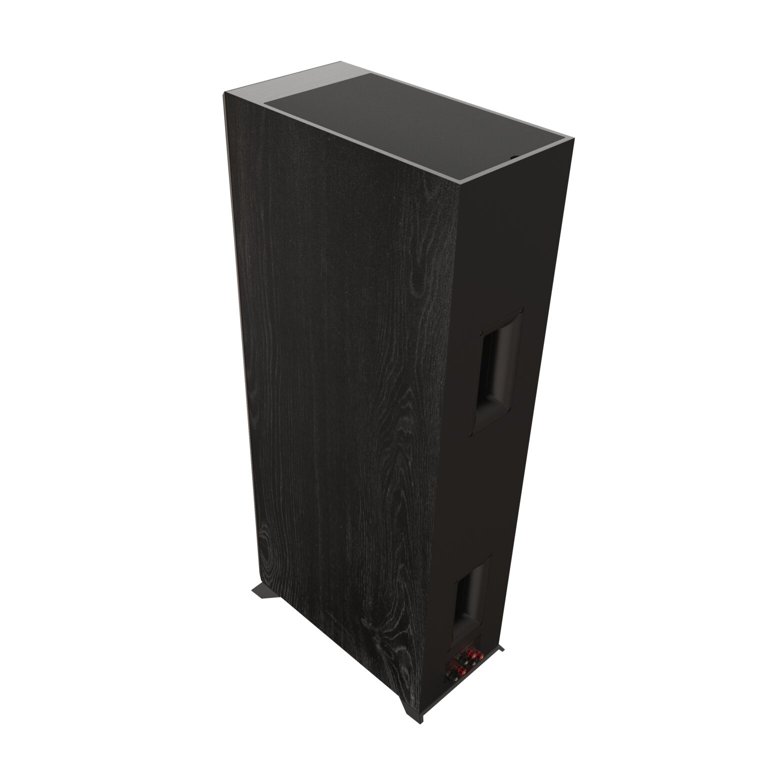 Klipsch Rp-8060Fa Ii Dolby Atmos Floorstanding Speakers Tall black floor-standing loudspeaker with wood veneer finish and visible red and black binding posts at the base.
