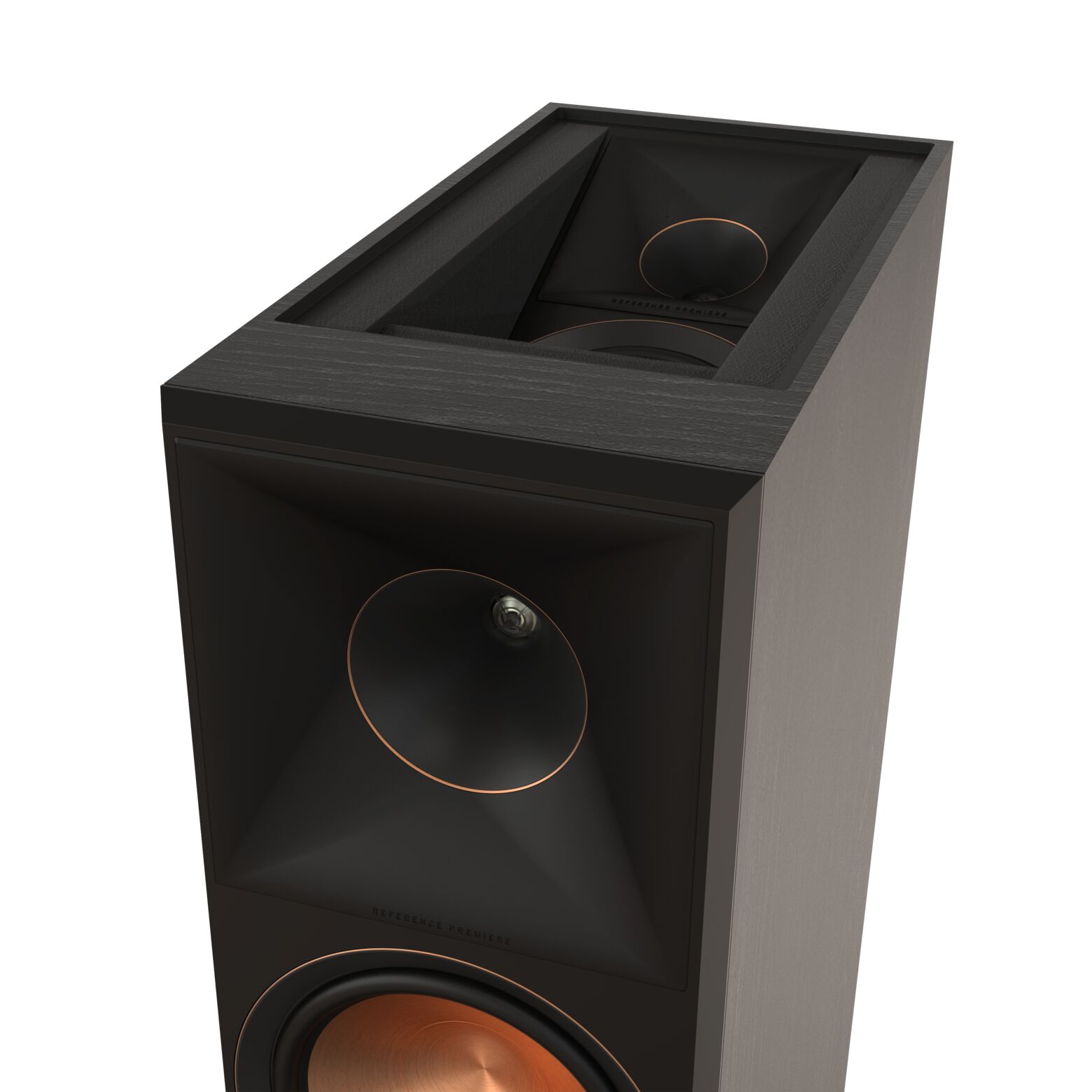 Klipsch Rp-8060Fa Ii Dolby Atmos Floorstanding Speakers Floorstanding speaker with copper-accented drivers in a black wood cabinet and a large copper woofer.