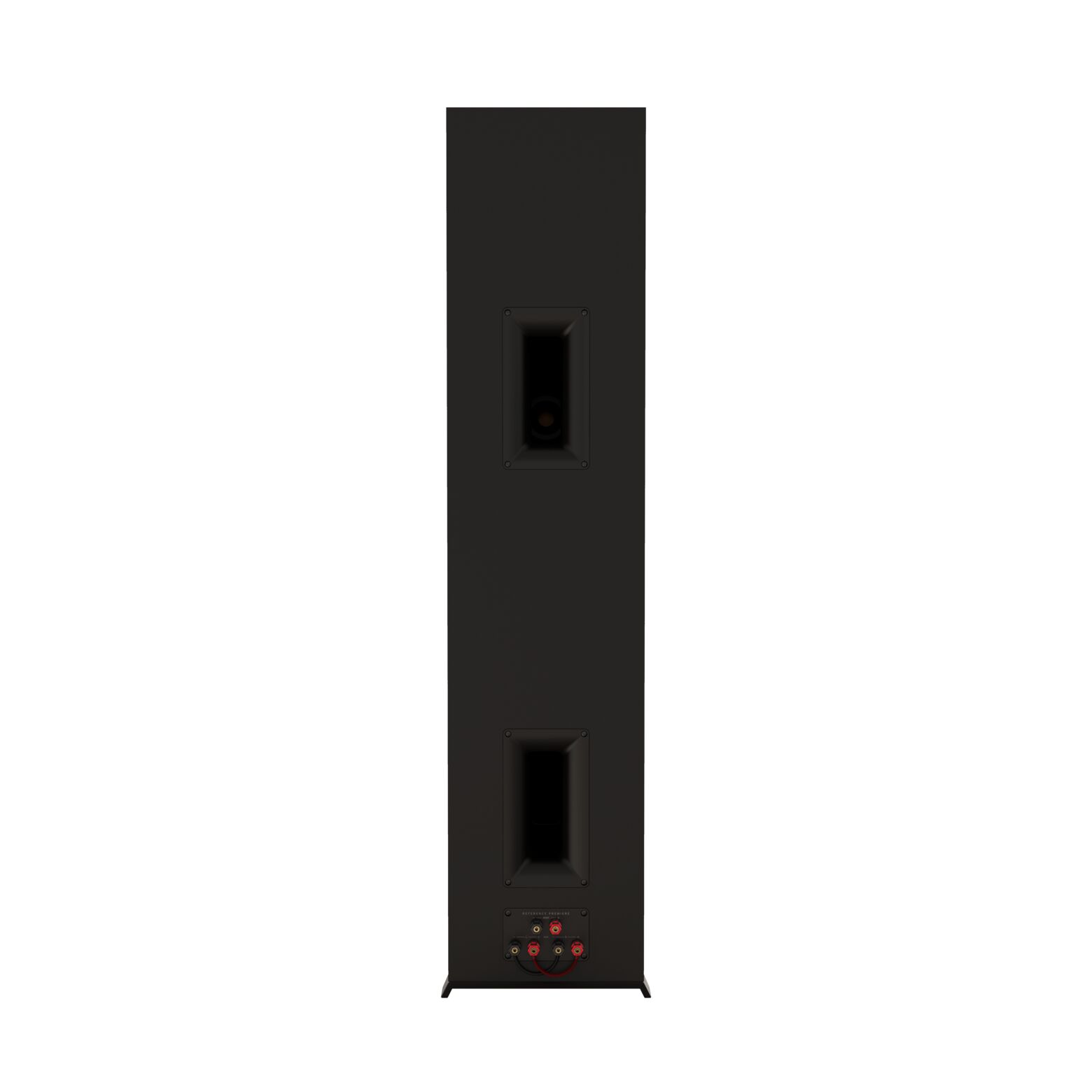 Klipsch Rp-8060Fa Ii Dolby Atmos Floorstanding Speakers Tall black floor-standing loudspeaker viewed from the back, featuring a recessed rear panel and red and black binding-post connectors.