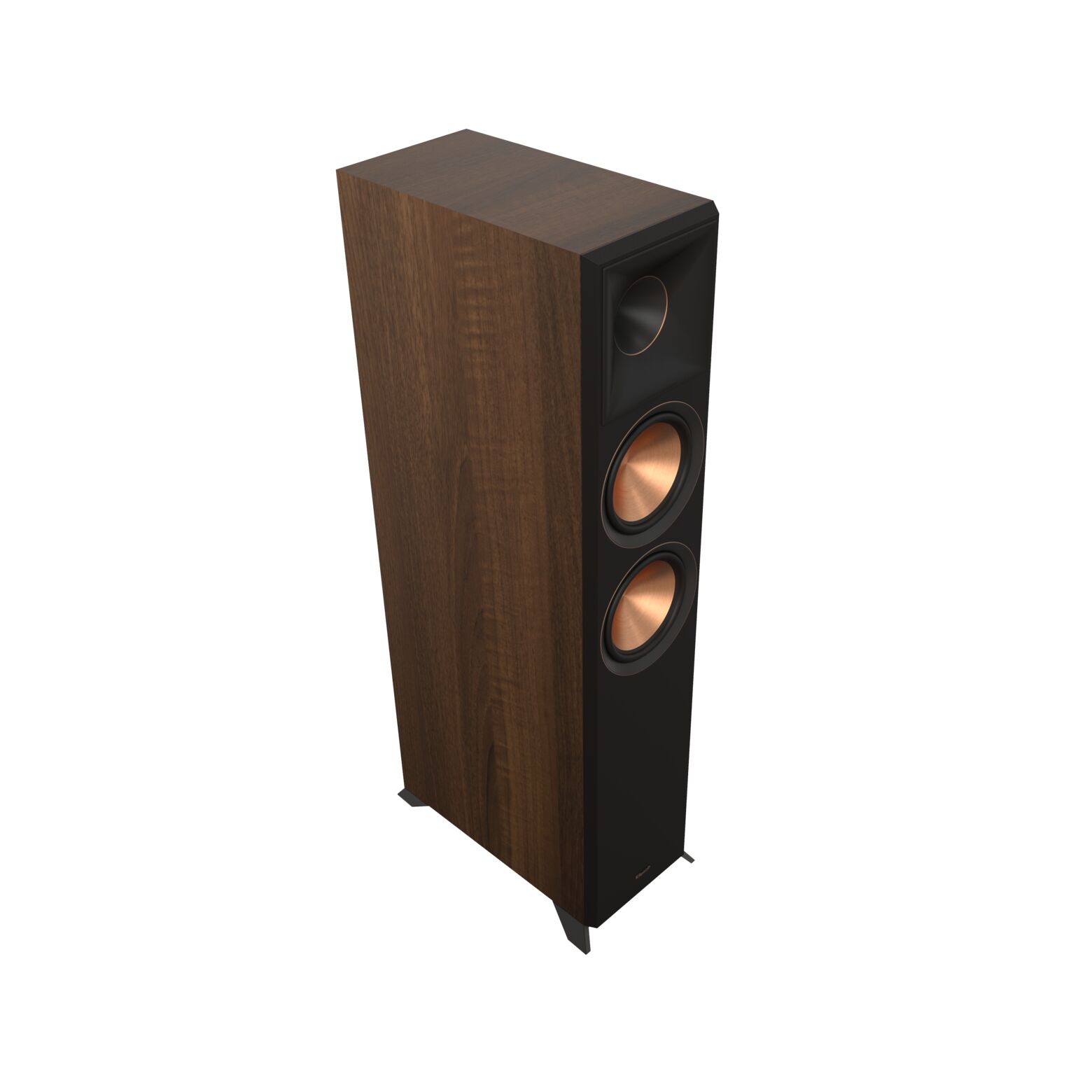 Klipsch Rp-6000F Ii Tall floor-standing loudspeaker with dark wood veneer cabinet and black front panel housing copper-colored drivers.