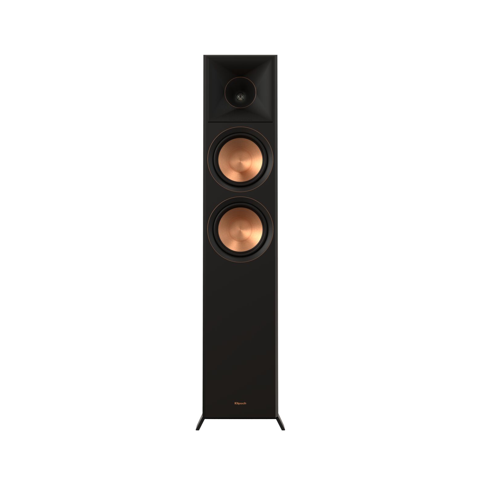 Klipsch Rp-6000F Ii Klipsch floorstanding speaker with copper-colored dual woofers and horn-tweeter, black cabinet.