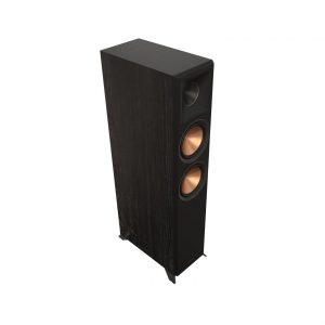 Tall black wood-finished floor-standing loudspeaker with copper-colored dual woofers and a small top tweeter.