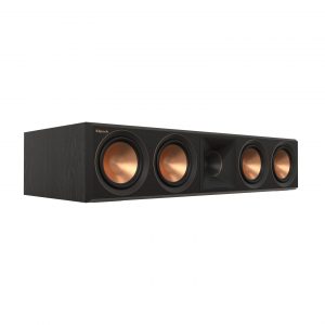 Klipsch horizontal center-channel speaker with copper-colored woofer cones and horn-loaded center section