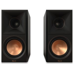 Pair of Klipsch Reference Premiere floorstanding speakers with copper woofer and square horn tweeter in black finish.