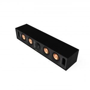 Klipsch Reference soundbar with copper-colored drivers in a black woodgrain enclosure.