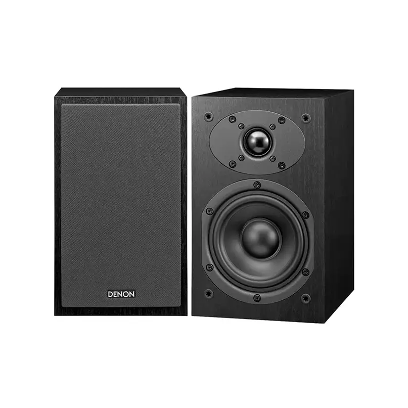 Denon Scm-41 Pair of denon bookshelf speakers with black wood finish, left grill-covered and right showing woofer and tweeter.
