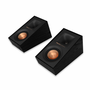 Pair of Klipsch Reference black wood speakers with copper-colored woofers.