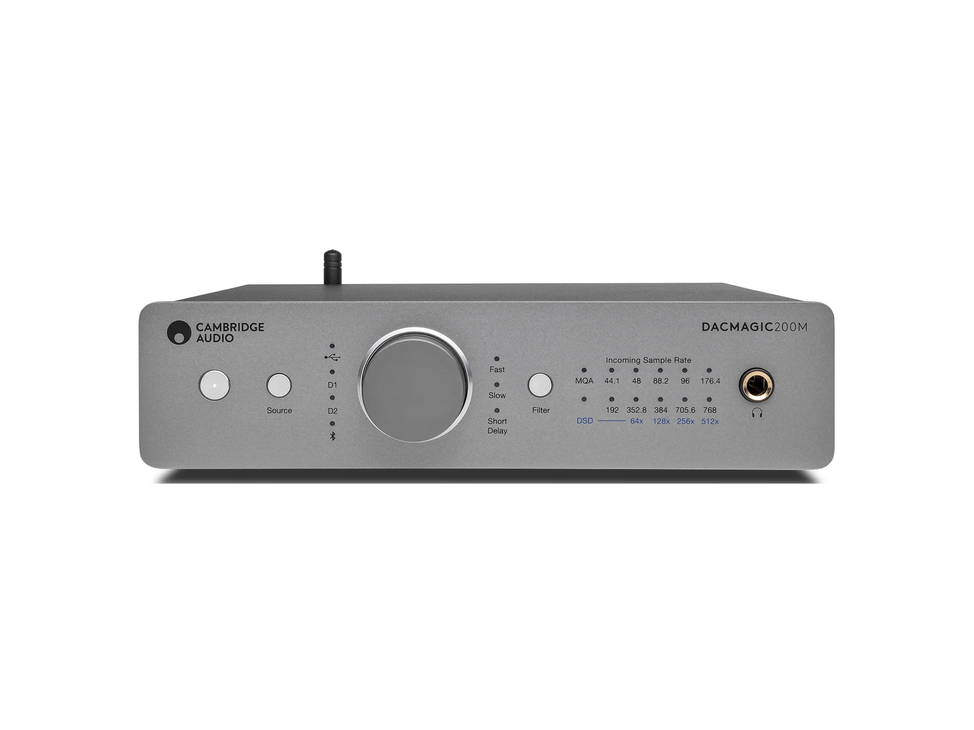 Cambridge Audio Dacmagic 200 Cambridge audio dacmagic200m digital-to-analog converter in a silver chassis with a large central knob.