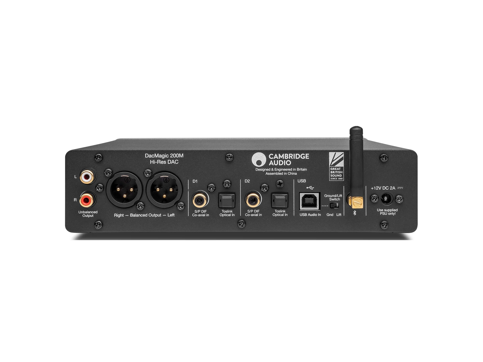 Cambridge Audio Dacmagic 200 Cambridge audio dacmagic 200m hi-res dac, rear panel with xlr balanced outputs, rca unbalanced outputs, usb and optical inputs.