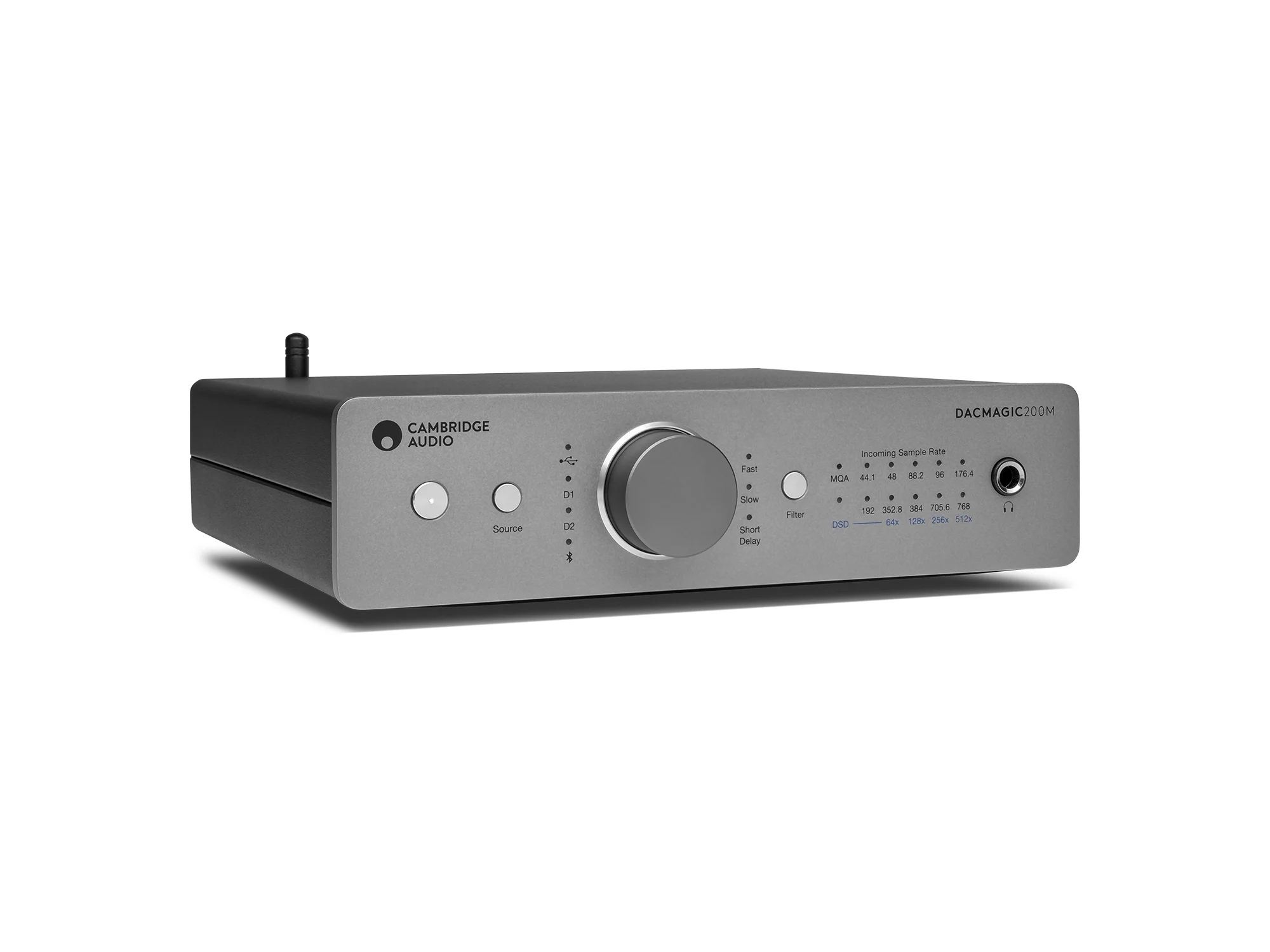 Cambridge Audio Dacmagic 200 Cambridge audio dacmagic 200m digital-to-analog converter with large silver volume knob and multiple front-panel controls