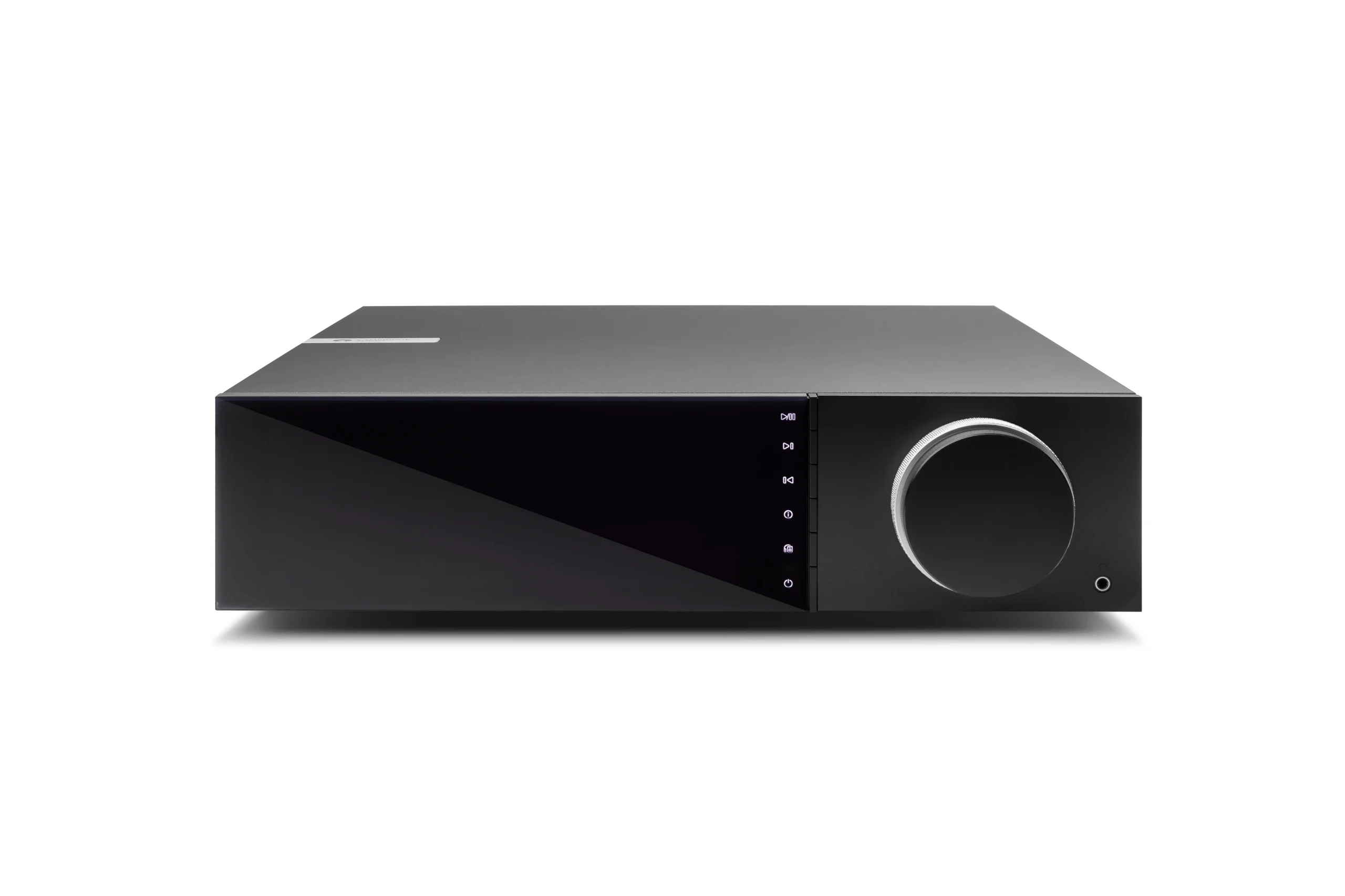 Black stereo amplifier with a large silver volume knob on the right and a vertical touch control panel.